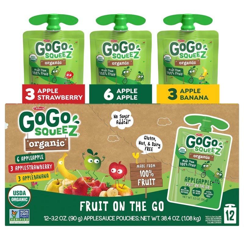 GoGo squeeZ Organic Applesauce and Fruit Puree, Variety Pack, Apple, Strawberry & Banana, 3.2 oz (Pack of 12), Unsweetened Organic Fruit Snacks for Kids, No Gluten, Nut & Dairy, BPA Free Pouches - Image 1